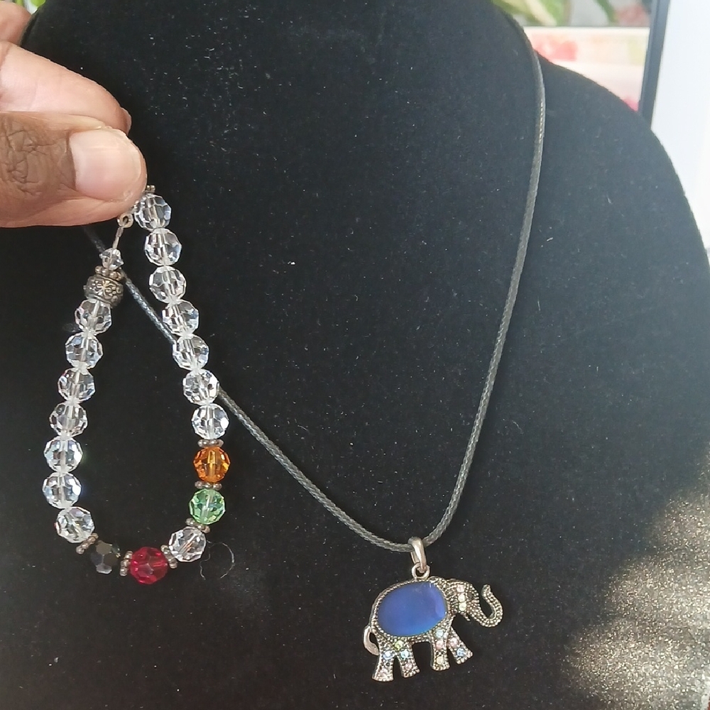 Elegant Silver Elephant Pendant Necklace and Crystal Bracelet Set
